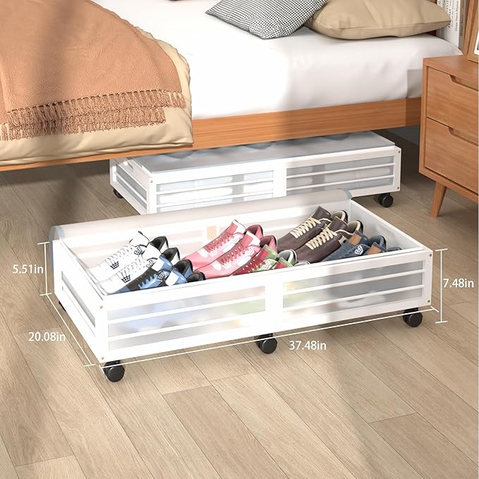 Under Bed Storage Containers with Wheels, Larger Bamboo Wood Under Furniture Storage Containers with Dust Bags，Rolling for Shoes Clothes