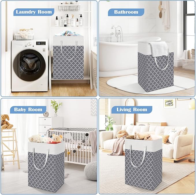 BlissTotes 3-Pack Laundry Basket, Freestanding＆Waterproof Laundry Hamper, Collapsible Tall Clothes Hamper with Easy Carry Handles for Clothes, Towels in the Family and Dorm,Clover Grey,88L