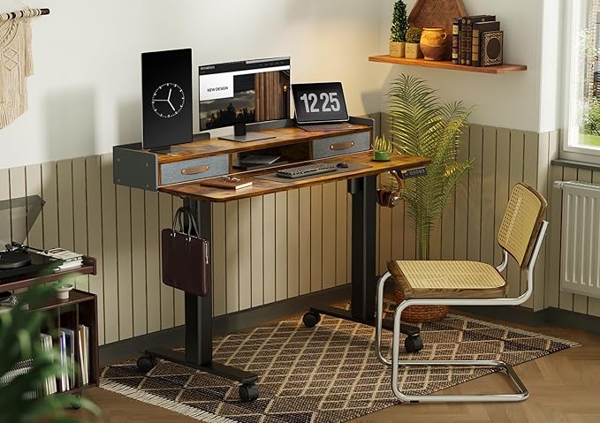 YDN Standing Desk with Drawers, 55 Inch Standing Desk Adjustable Height, Adjustable Electric Stand Up Sit Stand Small Desks with Storage and Shelf, Rustic Brown