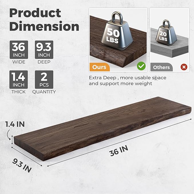 Live Edge Elm Floating Shelves For Wall - 36" W x 9.3" D Rustic Solid Wood Shelves with Invisible Bracket, Wall-Mounted Storage & Display Shelf for Living Room Bedroom Kitchen, Set of 2, Walnut