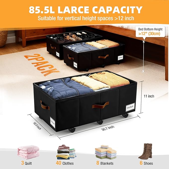 11 inch Under Bed Storage with Wheels, 2-Pack Underbed Storage Containers for College Dorms Bedrooms Organization, Foldable Under Bed Drawers for Comforters, Blankets, Clothes & Shoes, Black