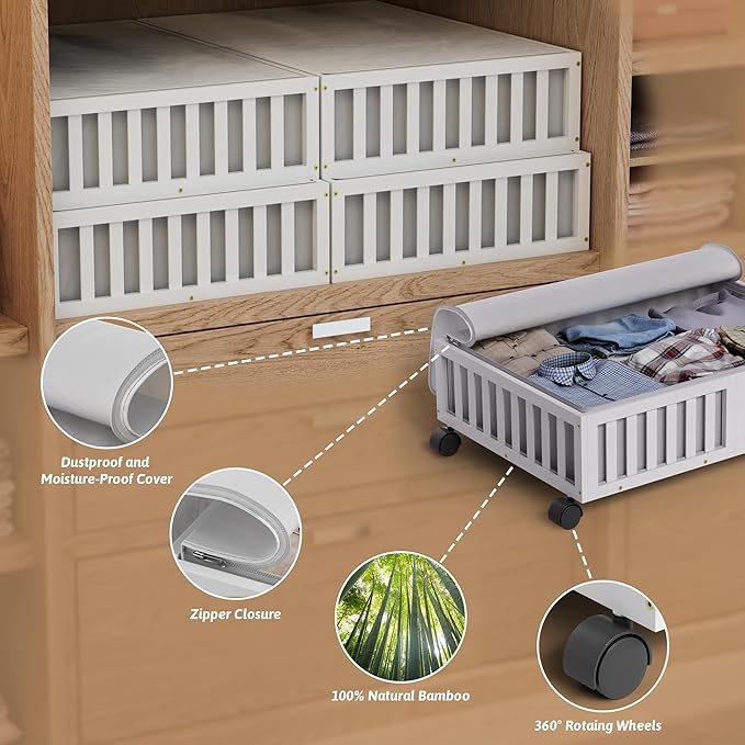 Bamboo Under Bed Storage Containers with Wheels, 2 Pack Under the Bed Shoe Storage Bins, Wood Rolling Underbed Drawers Organizer for Bedroom, Closet, Clothes Blanket Comforter and Under Crib Toy White