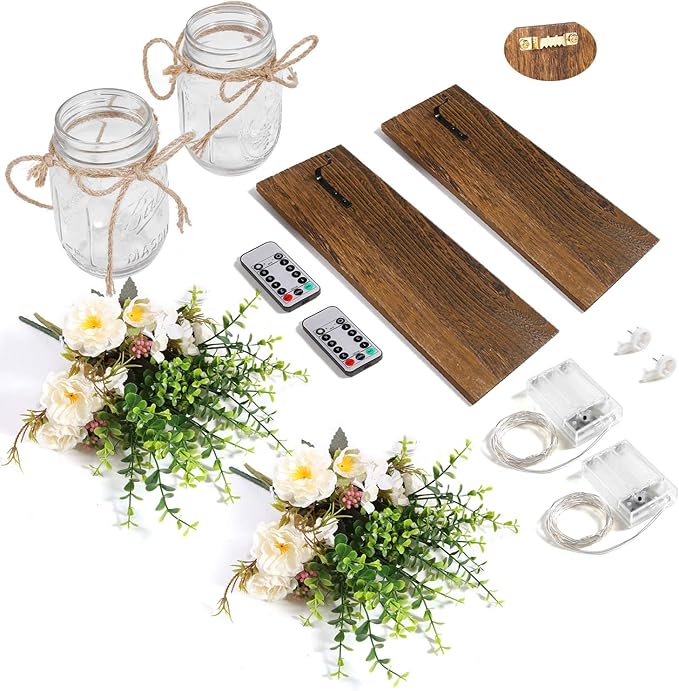 Rustic Wall Sconces Mason Jar Sconces Handmade Wall Art Hanging Design with Remote Control LED Fairy Lights and White Peony,Christmas Decor Gift Farmhouse Wall Home Decor Living Room Lights Set of Two