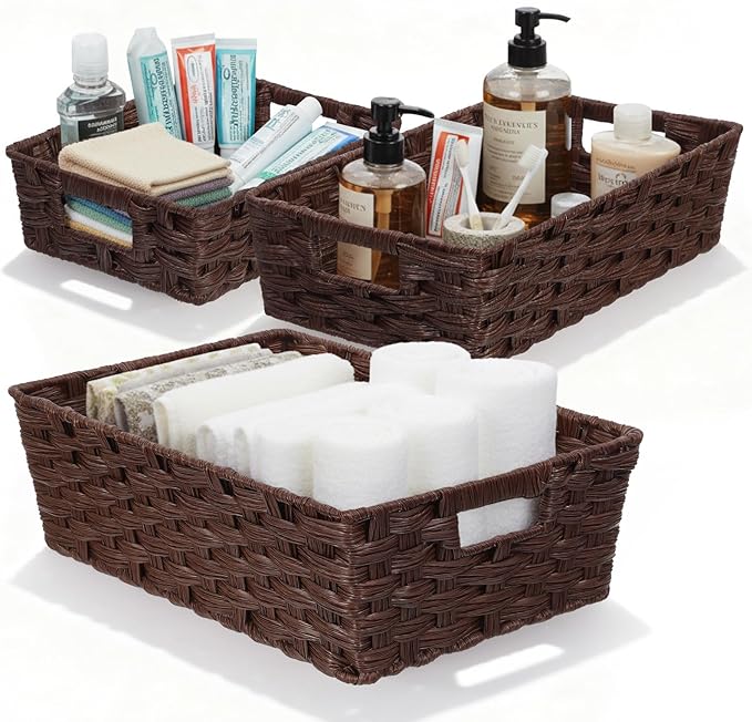 Set of 3 Large Wicker Storage Baskets for Shelves, Wicker Basket for Organizing, Waterproof Woven Baskets for Shelves and Pantry, Toilet, Bathroom, Bedroom, Patio(Brown)