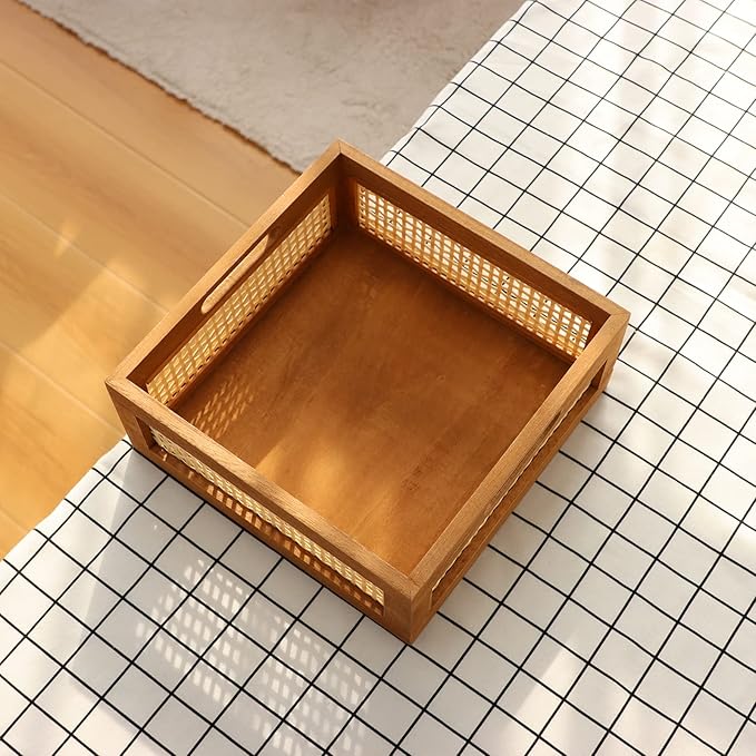 YAHUAN Woven Wooden Storage Crate Box, Decorative Rustic Bamboo Basket With Built-In Handles for Kitchen Pantry, Cabinet, Office, Bedroom, Country Decor (Brown)