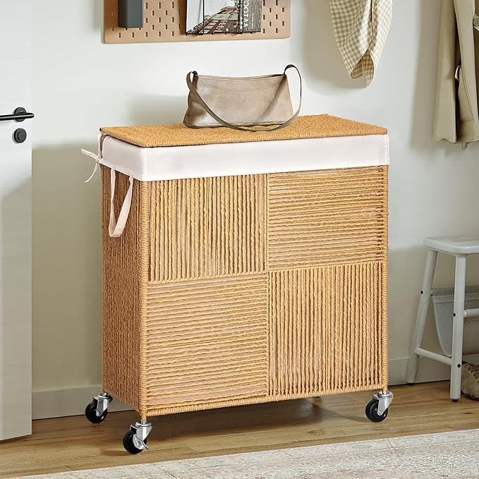 WOWLIVE Double Laundry Hamper with Lid, Handwoven Rolling Laundry Basket with Wheels, 115L Dirty Clothes Hamper with Removable Liner Bag Large Capacity Laundry Sorter Laundry Room Organization,Natural