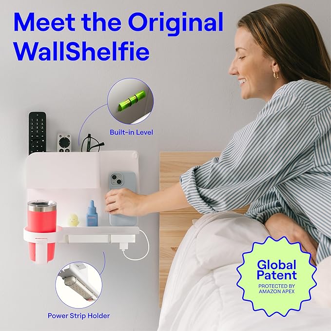WallShelfie Bedside Wall Organizer & Bedside Shelf, Room Decor, Dorm Room Essential, Floating Bedside Shelf Wall Mount Organizer, Remote Control Holder, RV Accessories, Floating Shelves (White)