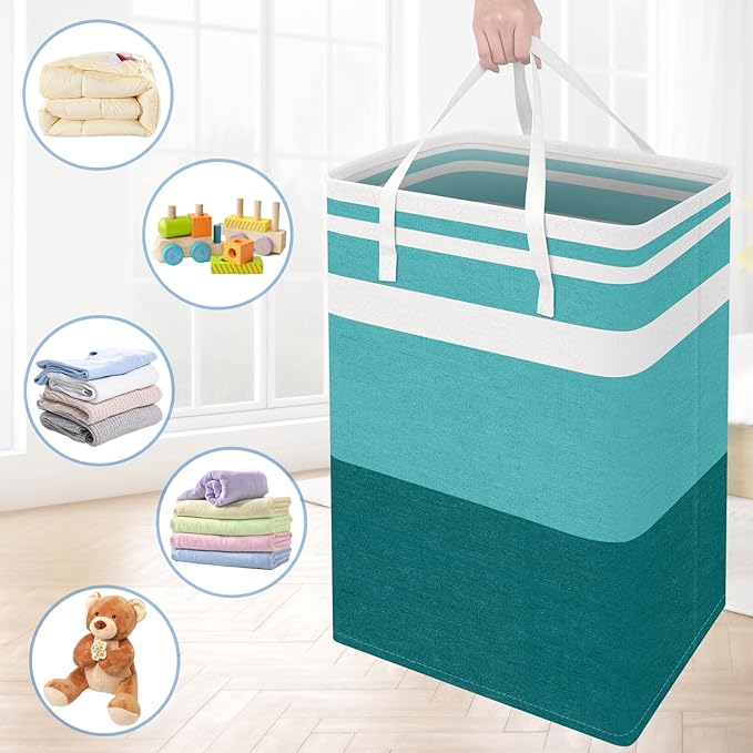 BlissTotes 3-Pack Laundry Basket, Freestanding＆Waterproof Laundry Hamper, Collapsible Tall Clothes Hamper with Easy Carry Handles for Clothes, Towels in the Family and Dorm,Gradient Green,88L