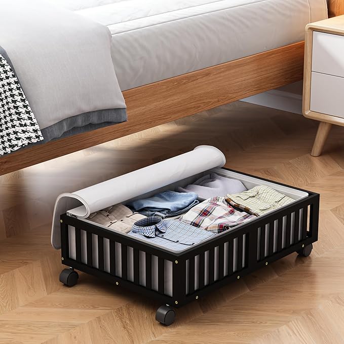 Bamboo Under Bed Storage Containers with Wheels, Rolling Under the Bed Shoe Storage Bins, Wood Stackable Underbed Drawers with Bag Organizer for Bedroom Closet Clothing Sweater Under Crib Toy Black
