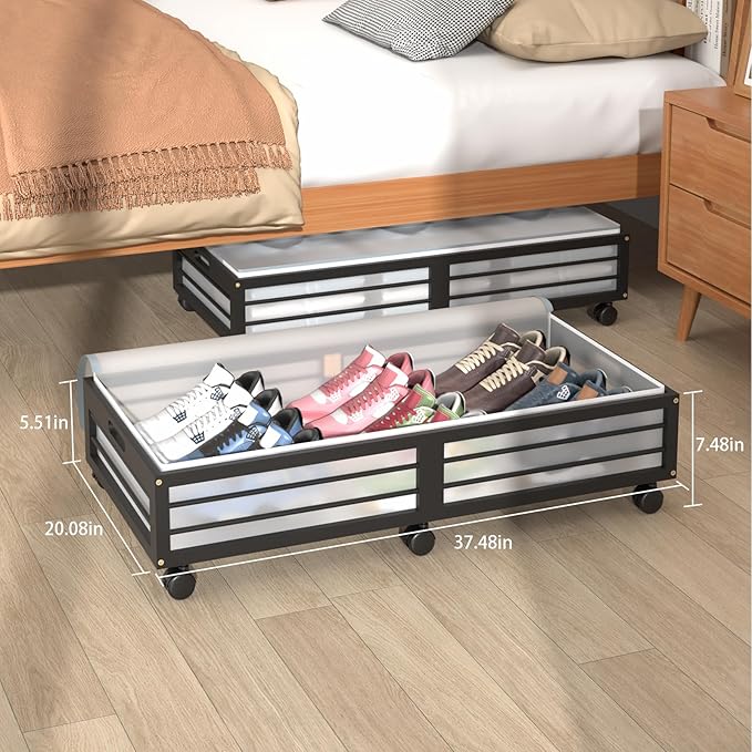 Under Bed Storage Containers with Wheels, Larger Bamboo Wood Under Furniture Storage Containers with Dust Bags，Rolling for Shoes Clothes