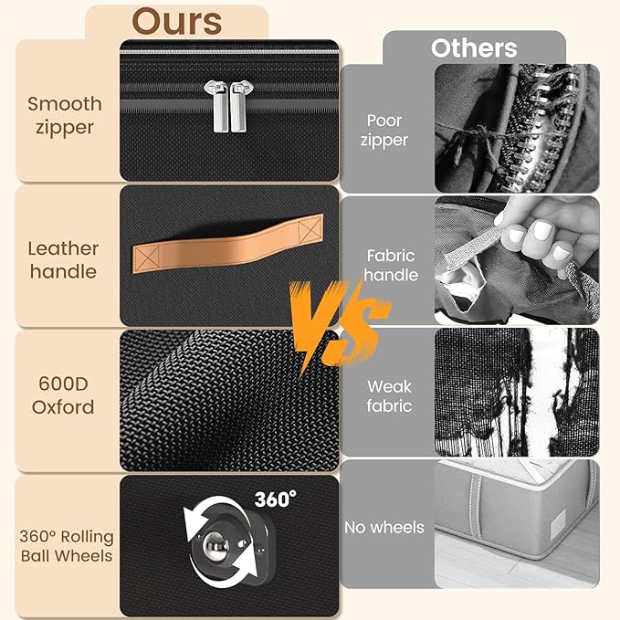 Under Bed Storage with Wheels, 2-Pack Underbed Storage Containers, No Assemble 11 inches 90L XXL Large Adjustable Storage Bins with Clear Lids, Rolling Storage for Clothes, Shoes, Blankets, Black