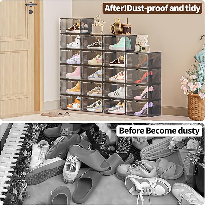10 Pack XX Large Shoe Organizer, Heavy-Duty Hard Thicken Plastic Clear Stackable Shoe Storage Box Organizer for Closet, Space-Saving Shoe Rack Display Case Bin Containers for Sneakers, Grey
