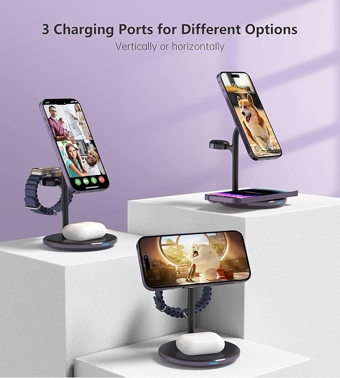 XooFly 3 in 1 Wireless Charging Station for Apple Devices, Fast Wireless Mag-Safe Charger Stand with 20W Adapter for iPhone 17/16 15 14 13 12 Pro Max/Pro/Plus/Air/Mini, iWatch, AirPods(Dark Purple)