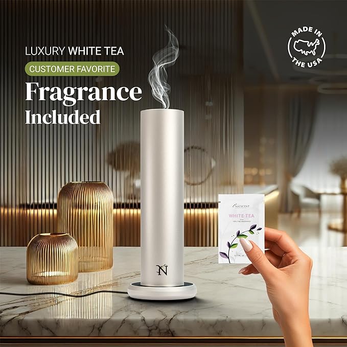 Dynamo Hotel Scent Diffuser – Cold-Air Essential Oil Diffuser for Home & Large Rooms up to 1000 sq ft, App & Manual Control, Hypoallergenic, Includes White Tea Fragrance Sample – Silver