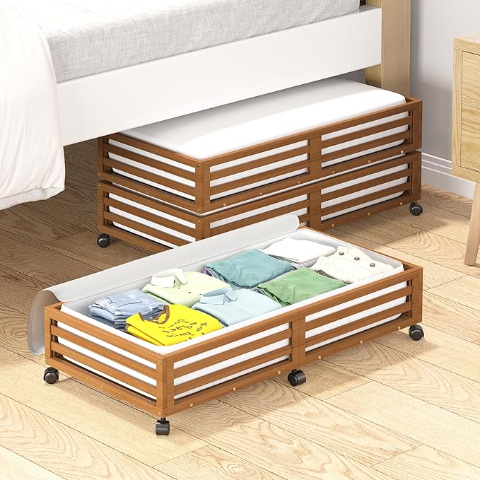 Wisuce Bamboo Under Bed Storage Containers- Underbed Organizer with Wheels with Large Dust Bag,Sturdy Wood Rolling Under the Bed Shoe Storage Organizer Drawer 2 Packs (Walnut, Long)