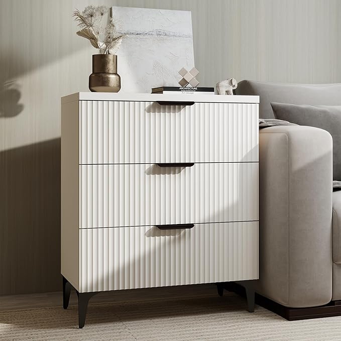 Wood Night Stand Set Fluted Dresser for Bedroom 3 Drawers End Tables Nightstand, Storage Modern Side Table Natural White Bedside Table