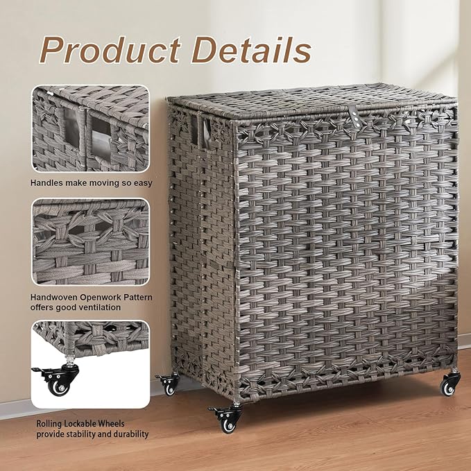 Laundry Hamper with Wheels&Lid, 50.2 Gallons(190L) Rolling Laundry Basket with Wheels, 3-Section Laundry Hamper, Handwoven Rattan Clothes Hamper with 6 Removable Liner& 3 Mesh Laundry Bags, Grey