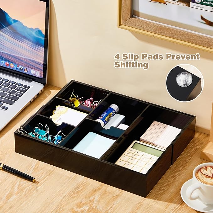 1 PC Acrylic Desk Drawer Organizer 2 Inch Height Expandable Drawer Organizer Trays with 8 Adjustable Compartments Desk Accessories for Makeup Silverware Office Bathroom(Black,Classic)