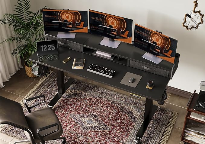 YDN Standing Desk with Drawers, 59 Inch Standing Desk Adjustable Height, Adjustable Electric Stand Up Sit Stand Small with Storage and Shelf, Black