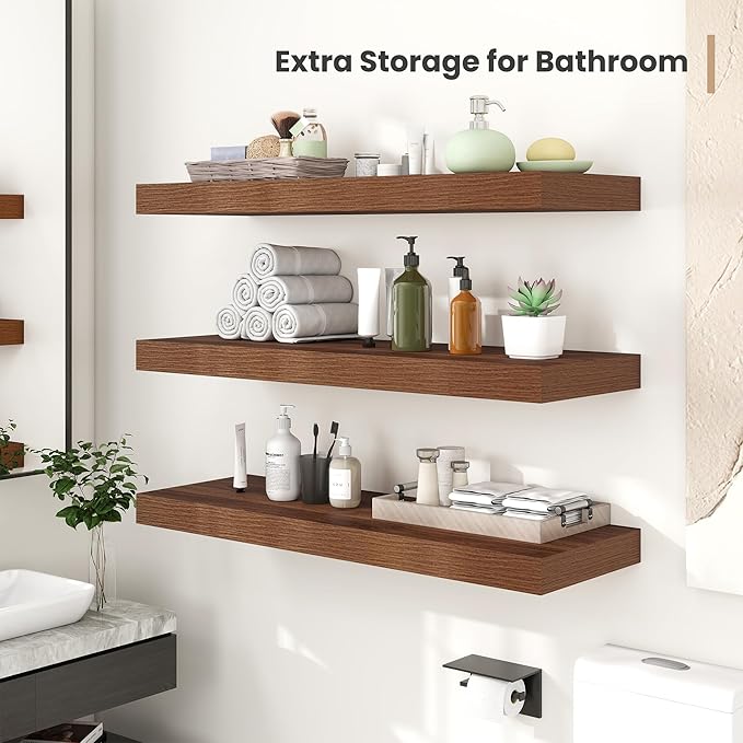 Heimlove 24 x 12 Inch Deep Floating Shelves Wall Mounted with Invisible Brackets,Storage Hanging Shelf for Wall Decor in Bathroom, Bedroom, Toilet, Kitchen, Living Room, Office Set of 2 (Walnut)