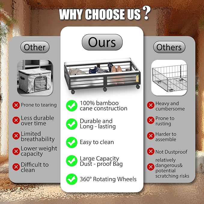 Under Bed Storage Containers with Wheels, Larger Bamboo Wood Under Furniture Storage Containers with Dust Bags，Rolling for Shoes Clothes