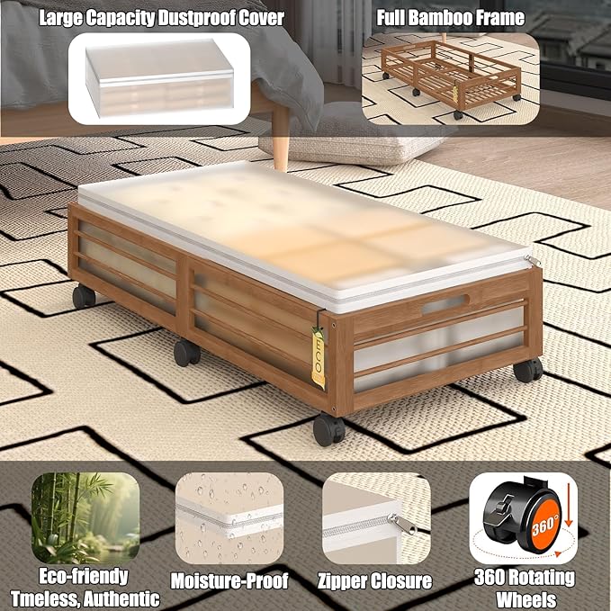 Under Bed Storage Containers with Wheels, Larger Bamboo Wood Under Furniture Storage Containers with Dust Bags，Rolling for Shoes Clothes