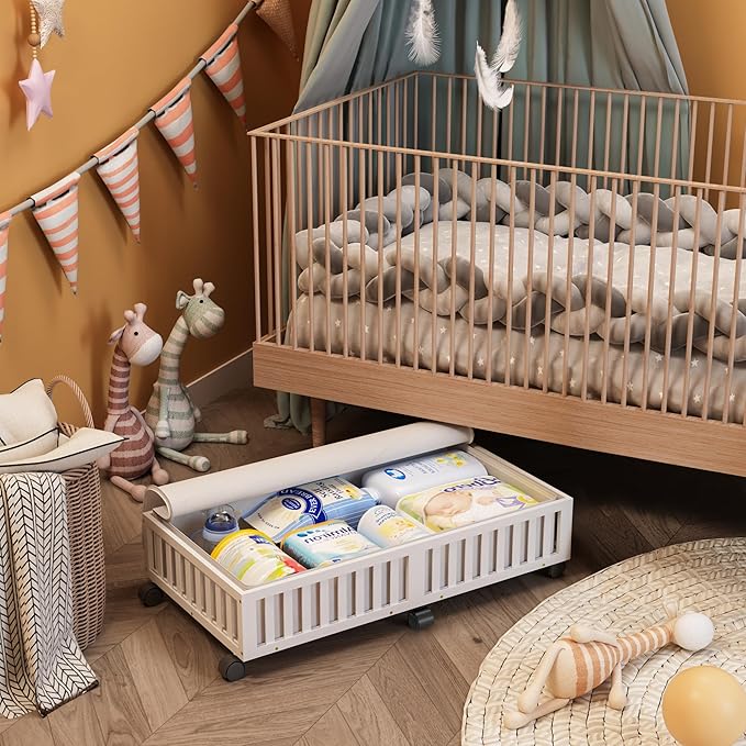 Bamboo Under Bed Storage Containers with Wheels, 2 Pack Large Under the Bed Shoe Storage Bins, Wood Rolling Underbed Drawers Organizer for Bedroom Closet Clothes Blanket Under Crib Toy White