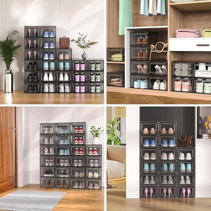 10 Pack Extra XX Large Hard Plastic Clear Stackable Shoe Storage Box Organizer for Closet, Thicken Sturdy Sneaker Shoe Rack Display Case Containers Bins with Lids and Magnetic Door, Grey