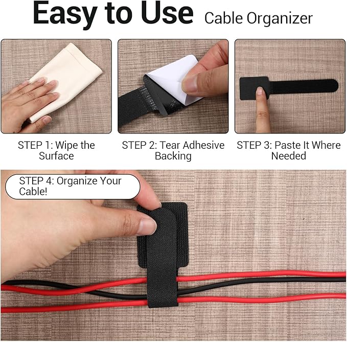 Heavy Duty Self-Adhesive Cable Clips, 80PCS Under Desk Cable Management Kit with Hook & Loop Ties, Reusable Cord Organizer for Home Office, Computer, TV Wires