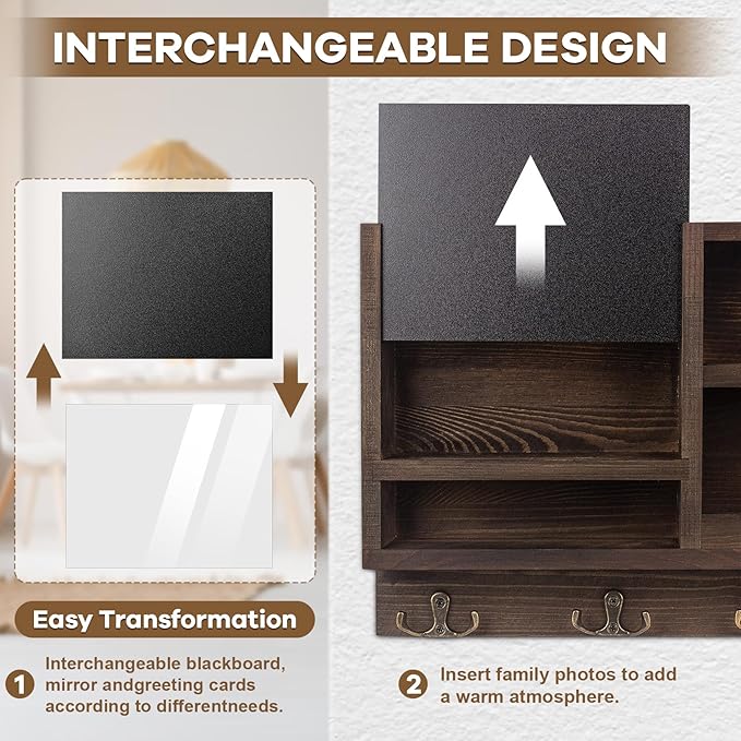 Key Holder for Wall, Mail Organizer Wall Mount with Key Hooks and Chalkboard & Mirror for Sunglasses Storage and Dog Leash Hanger, Decorative with 4 Double Hooks