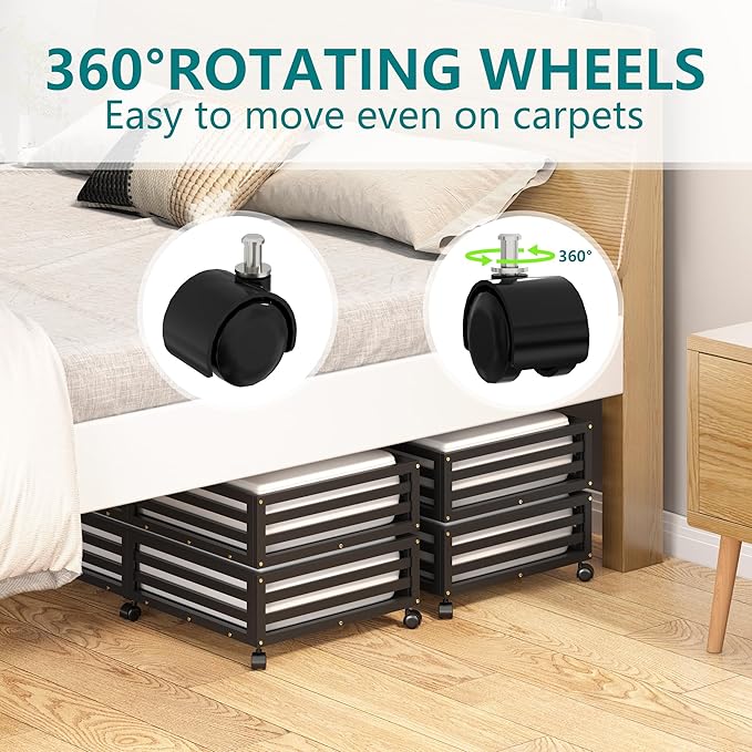 Bamboo Under Bed Storage Containers- Underbed Organizer with Wheels with Large Capacity Dust Bag,Sturdy Wood Rolling Under Bed Shoe Storage Organizer 2 Packs (Black, 2 Packs (33.07"×16.54"))