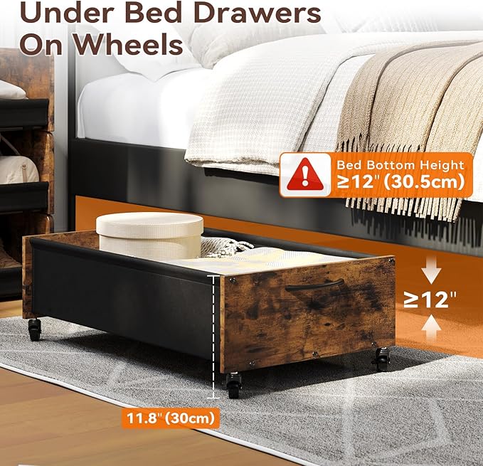 Under Bed Storage with Wheels, Under Bed Storage Drawers on Wheels, Metal Frame Under Bed Shoe Storage, Space-Saving for Bedroom Closet Organization