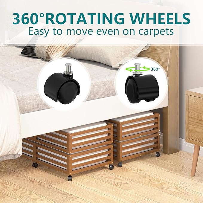 Wisuce Bamboo Under Bed Storage Containers- Underbed Organizer with Wheels with Large Dust Bag,Sturdy Wood Rolling Under the Bed Shoe Storage Organizer Drawer 2 Packs (Walnut, Long)