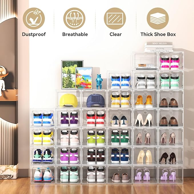 XX Large Clear Shoe Storage Box Organizer for Closet, 9 Pack Thicken Hard Plastic Stackable Shoe Sneaker Rack Display Case Container Bins Organizer, Easy Assembly, Clear