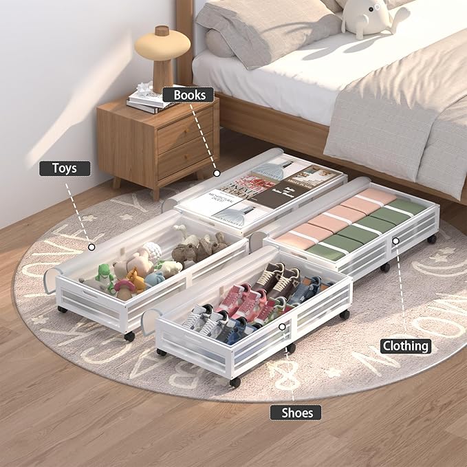 Under Bed Storage Containers with Wheels, Larger Bamboo Wood Under Furniture Storage Containers with Dust Bags，Rolling for Shoes Clothes