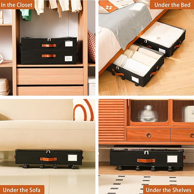 Under Bed Storage Organizer with Wheels, Underbed Container with Clear Lid Cover, Storage Bag Box with Visiable Window for Clothes, Bedsheet, Pillow, 2 Pack，5.5 inches