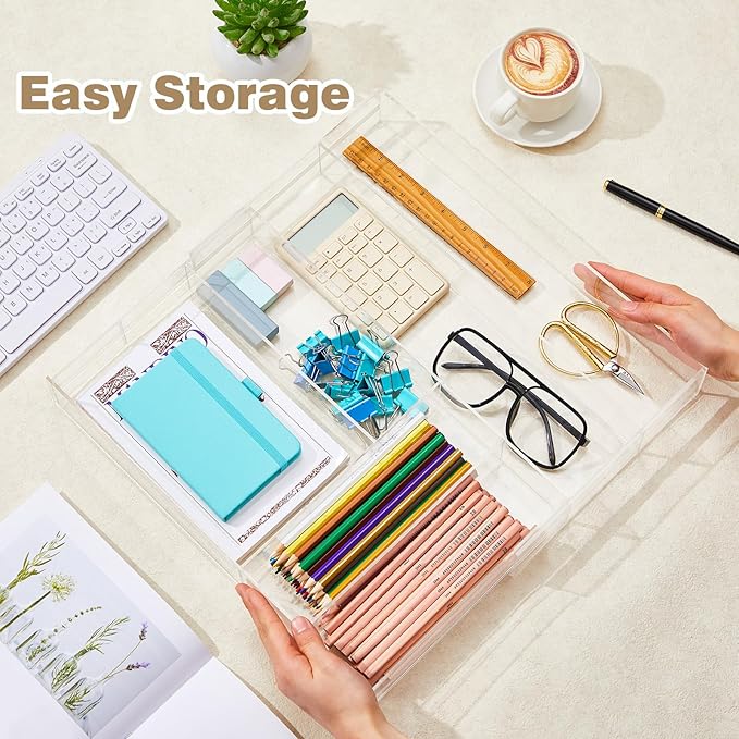 1 Pcs Acrylic Drawer Organizer 9'' up to 18'' x 15'' x 2'' Expandable Drawer Organizer Pens Notebook Ruler Makeup Tray with 7 Adjustable Compartments for Desk Office Kitchen Bathroom(Clear)