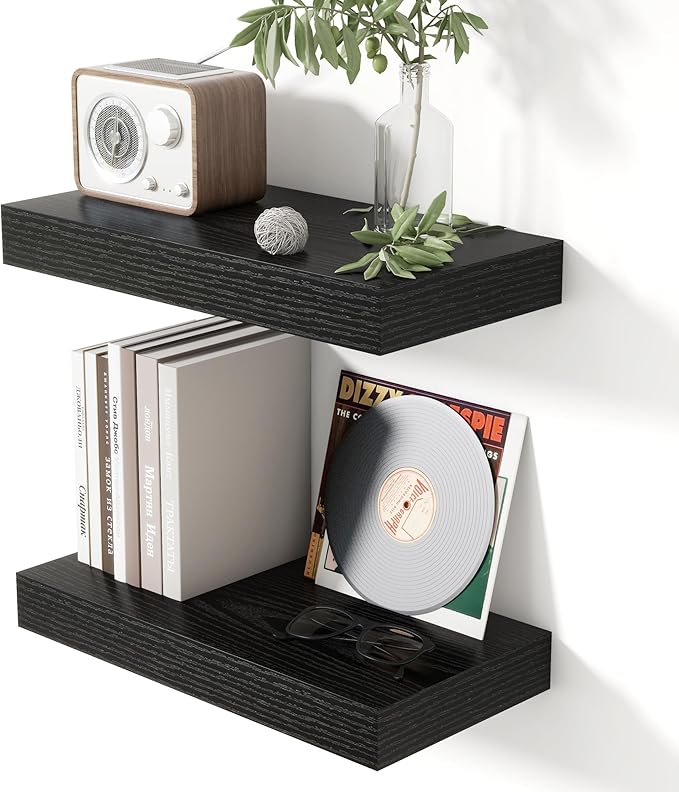 Heimlove 16 Inch Floating Shelves for Wall Black Shelves Set of 2,Wall Mounted Rustic Wood 8 Inch Deep Floating Shelf with Invisible Brackets for Bedroom Kitchen Living Room