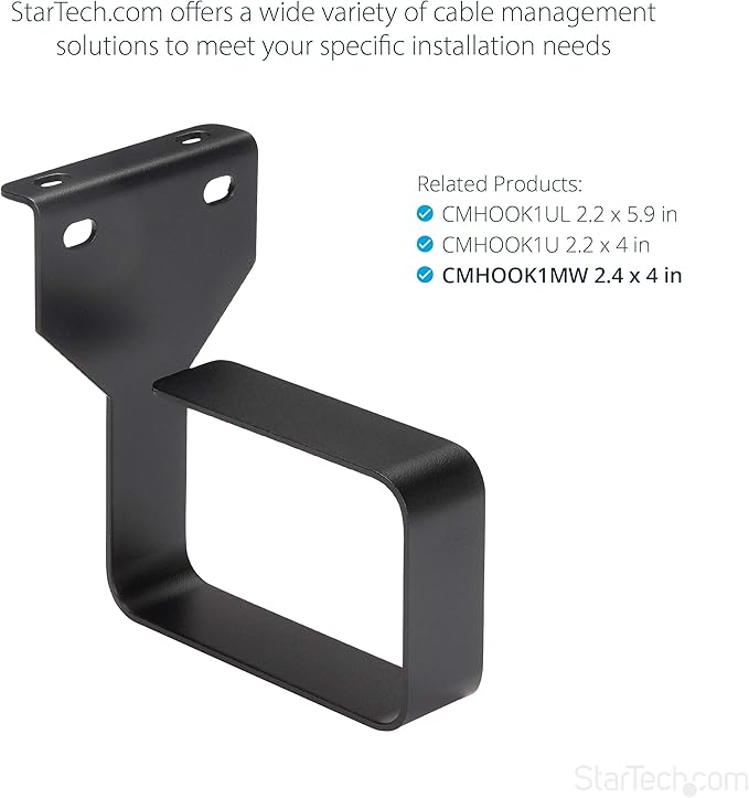 StarTech.com 2.4 x 3.9in Vertical Cable Management D Ring - 1.5U Metal D-Ring Hooks - Wire Organizer for 2 or 4-Post Network/Server Racks (CMHOOKMW) Black