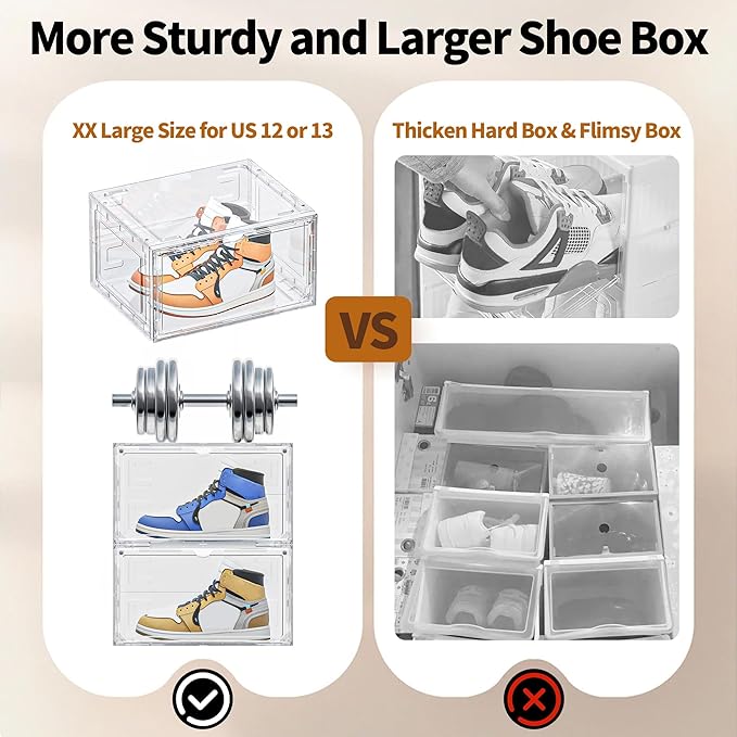 10 Pack XX Large Shoe Organizer, Heavy-Duty Hard Thicken Plastic Clear Stackable Shoe Storage Box Organizer for Closet, Space-Saving Shoe Rack Display Case Bin Containers for Sneakers, Clear