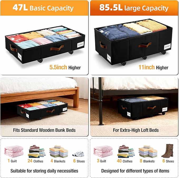 11 inch Under Bed Storage with Wheels, 2-Pack Underbed Storage Containers for College Dorms Bedrooms Organization, Foldable Under Bed Drawers for Comforters, Blankets, Clothes & Shoes, Black