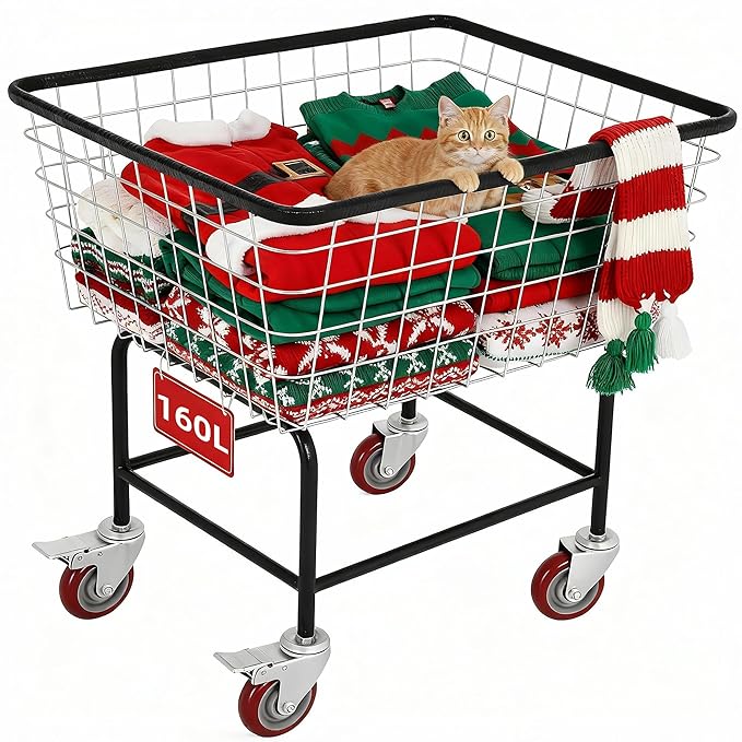 4.5-Bushel Rolling Laundry Cart with Wheels Durable Metal Wire Laundry Basket Heavy-Duty Large Steel Storage Basket with Galvanized Finish, for Commercial or Home Laundry Use