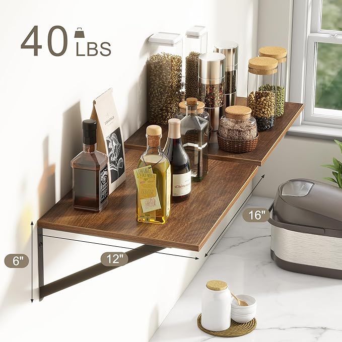 Walnut Floating Shelves Set of 2 - 16"W x 12"D Wide Display Ledges for Bedroom, Bathroom - 12 Deep Bookshelf Wall Mounted