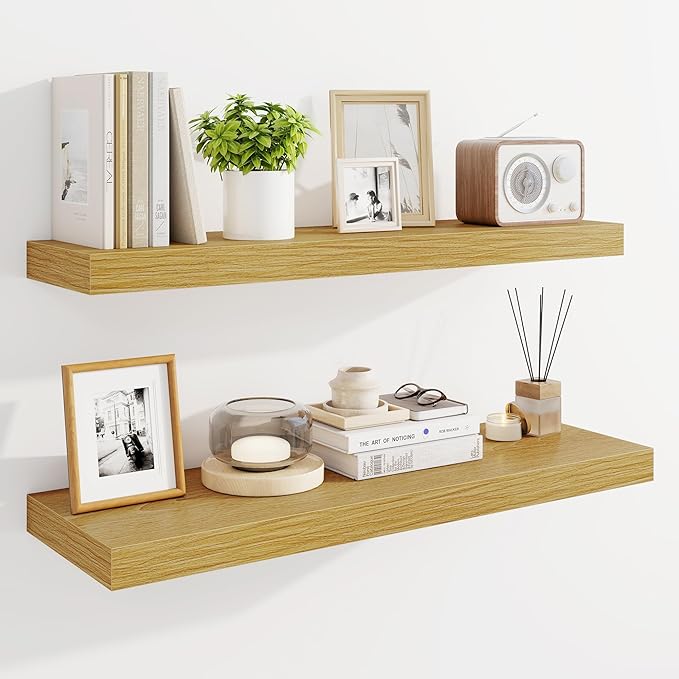 Marsmiles 32" Floating Shelves for Wall, Wooden Shelves with Invisible Brackets Set of 2, Rustic Farmhouse Wall Mounted Shelf for Kitchen Bathroom Living Room Study, Natural Oak