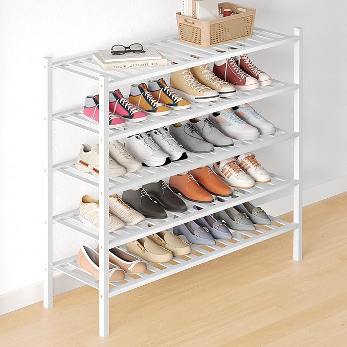 Smiry Bamboo Shoe Rack for Closet, 5 Tier Long Wooden Stackable Shoe Organizer, Free Standing Shoes Storage Shelf for Entryway, Front Door Entrance, White