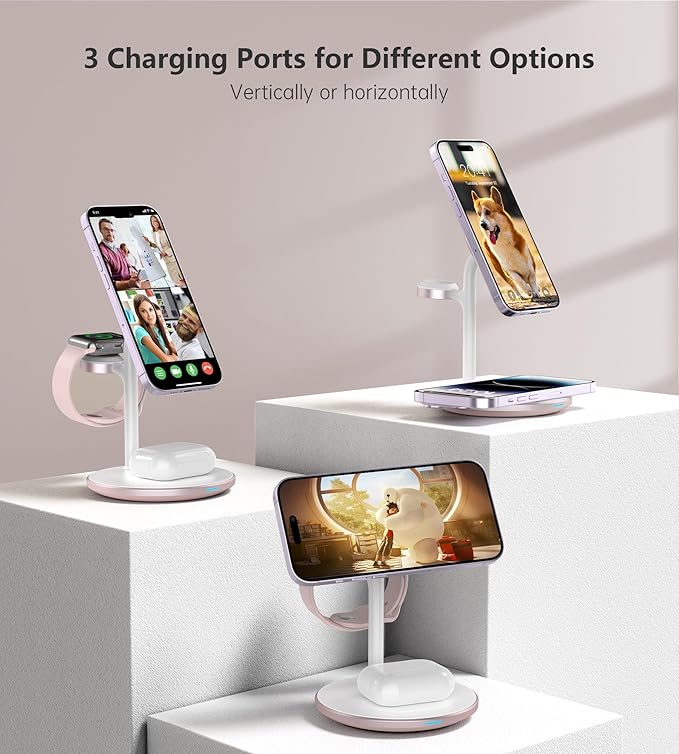 XooFly 3 in 1 Wireless Charging Station for Apple Devices, Fast Wireless Mag-Safe Charger Stand with 20W Adapter for iPhone 17/16 15 14 13 12 Pro Max/Pro/Plus/Air/Mini, iWatch, AirPods (Pink)