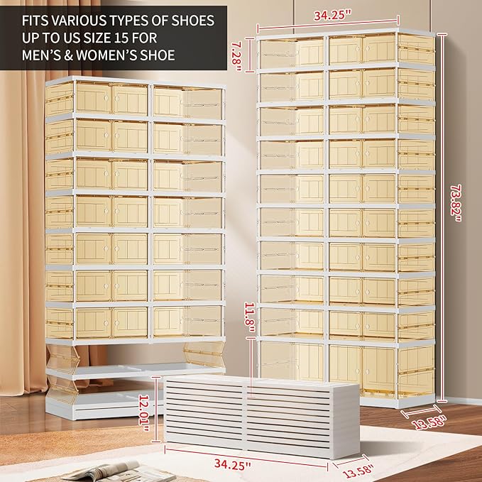 10 Tiers 20-40 Pairs Foldable Shoe Boxes Large Plastic Shoe Storage Rack Collapsible Shoe Organizer For Closet Tall Shoe Shelf Clear Stackable Shoes Cabinet with Doors Entryway