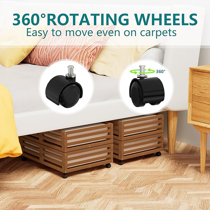 Wisuce Bamboo Under Bed Storage Containers- Underbed Organizer with Wheels with Large Dust Bag,Sturdy Wood Rolling Under the Bed Shoe Storage Organizer Drawer 2 Packs (Walnut, Small)