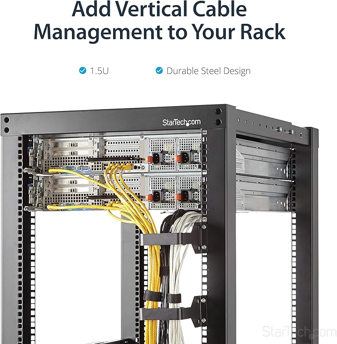 StarTech.com 2.4 x 3.9in Vertical Cable Management D Ring - 1.5U Metal D-Ring Hooks - Wire Organizer for 2 or 4-Post Network/Server Racks (CMHOOKMW) Black
