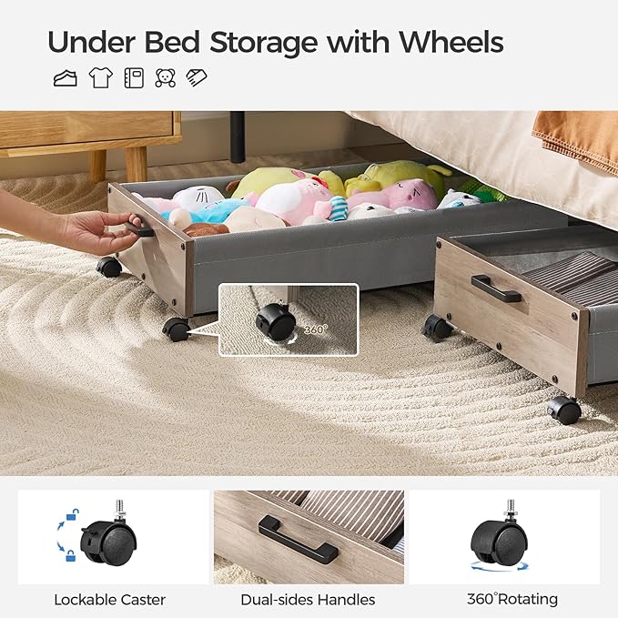 Under Bed Storage with Wheels, Wooden Under Bed Drawers On Wheels, Rolling Under Bed Shoe Storage, Space Saving,Grey,50L